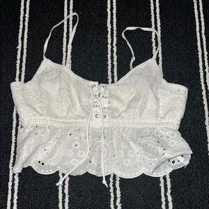 Aerie Cream Eyelet Lace Up Front Cropped Tank